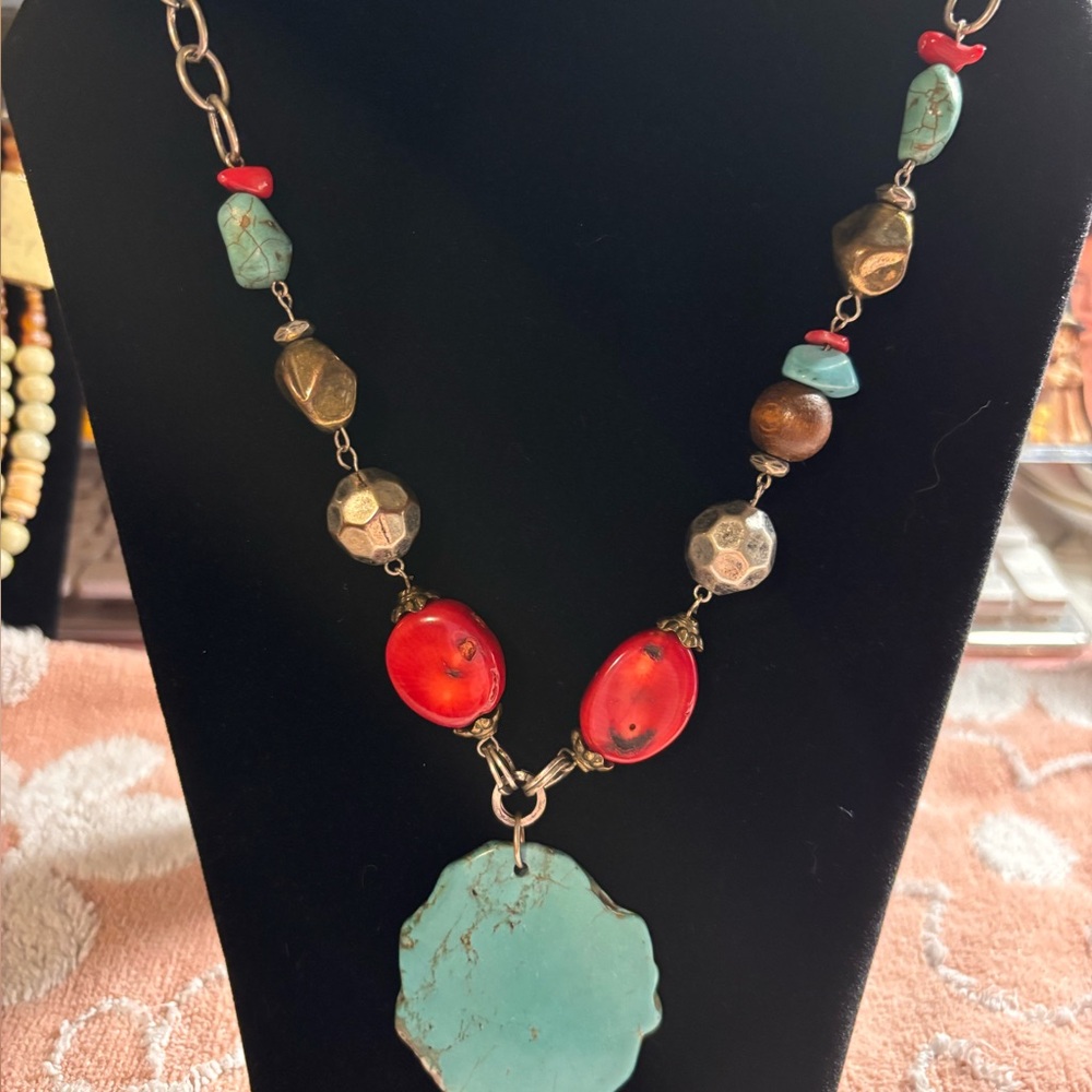 Turquoise and Red Beaded Necklace